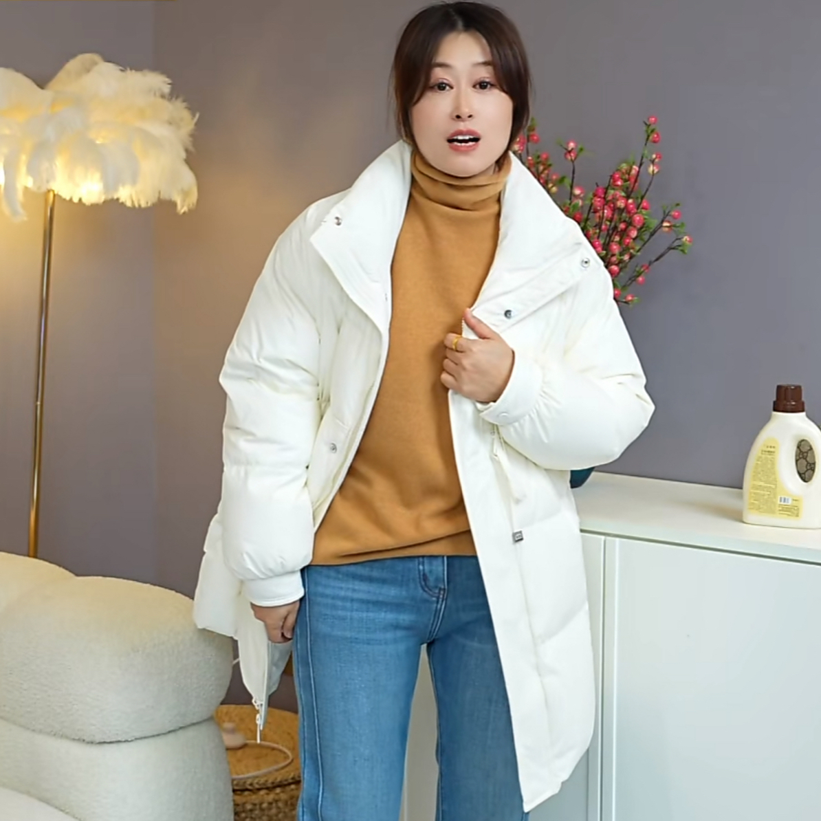 【伟伟专属】奶白色双拉链口袋中长款羽绒服