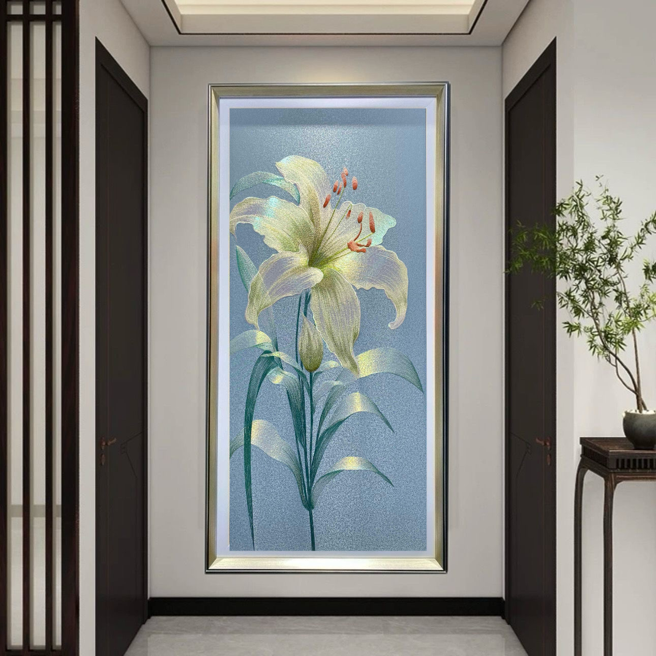 入户中式玄关过道装饰画织锦百合客厅简约刺绣走廊竖版挂画壁画