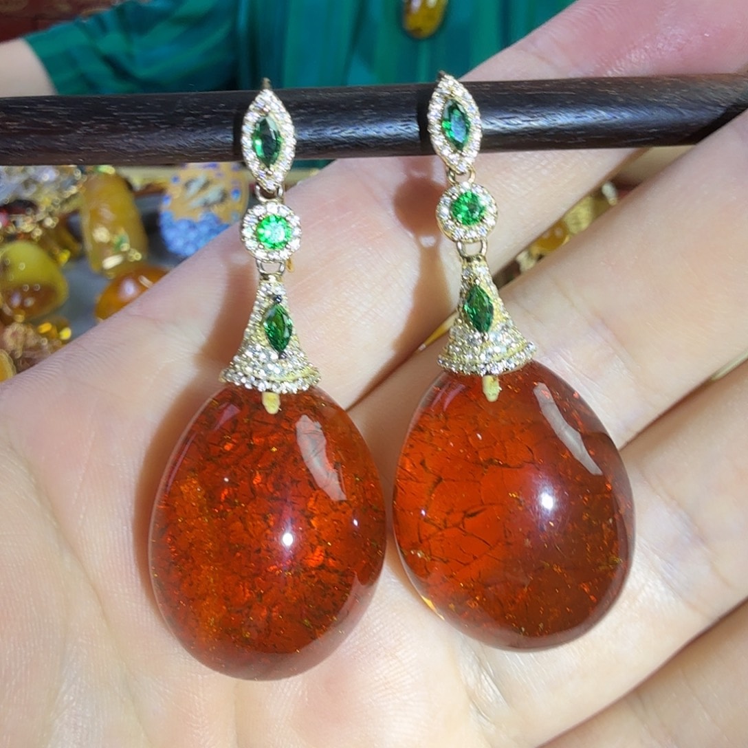 琥珀银S925镀金镶嵌耳环