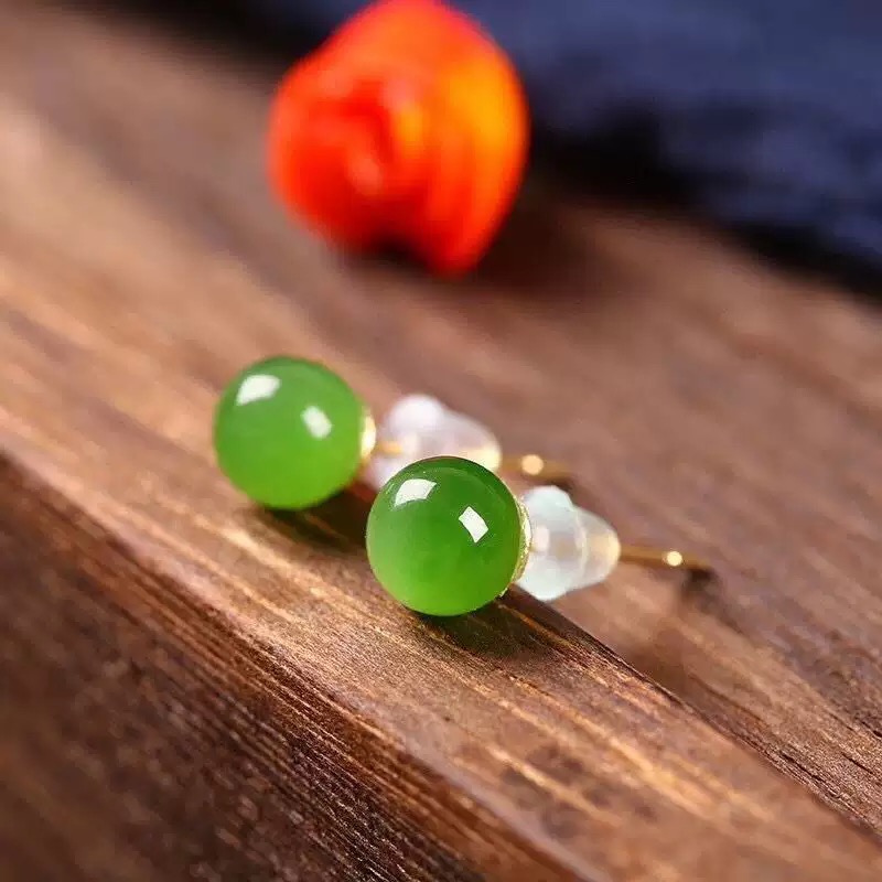 天然和田碧玉 s925镶碧玉耳钉