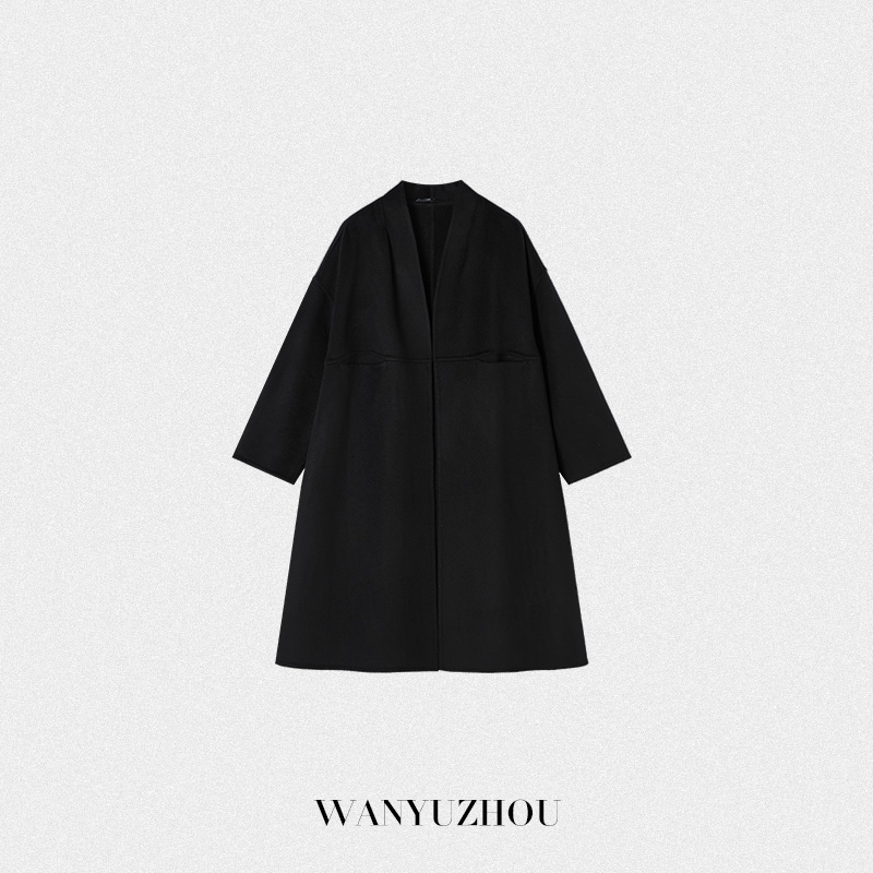 【WANYUZHOU】黑色简约宽松v领毛呢大衣极简休闲时尚纯色设计师款