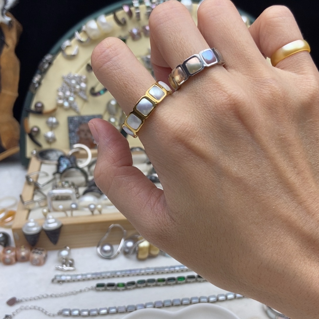 画框淡水珍珠钛钢十片戒