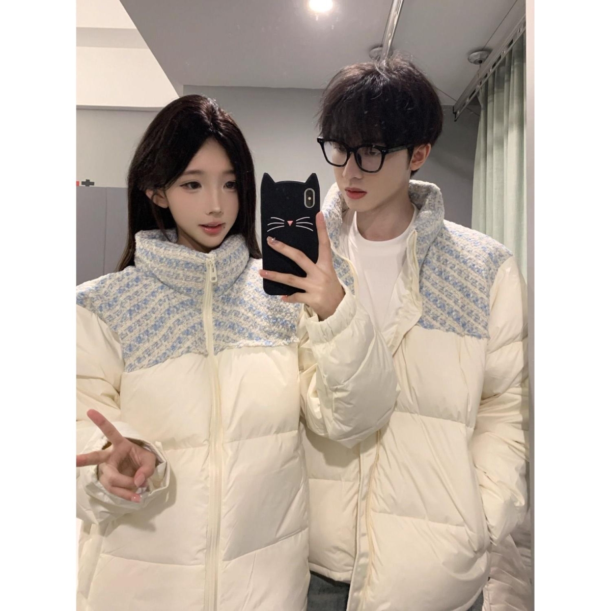 小香风粗纺面料拼接立领羽绒棉服女冬季加厚设计感情侣面包服帅气