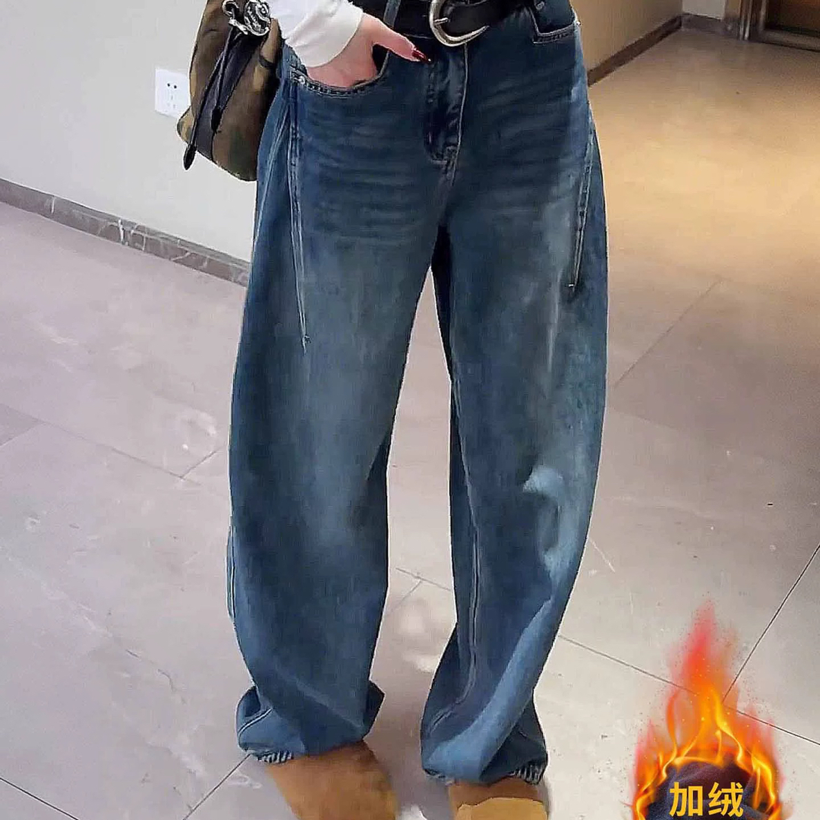 【萍姐】QYLF486 欧版加绒加厚梨形身材宽松分割线弯刀阔腿牛仔裤