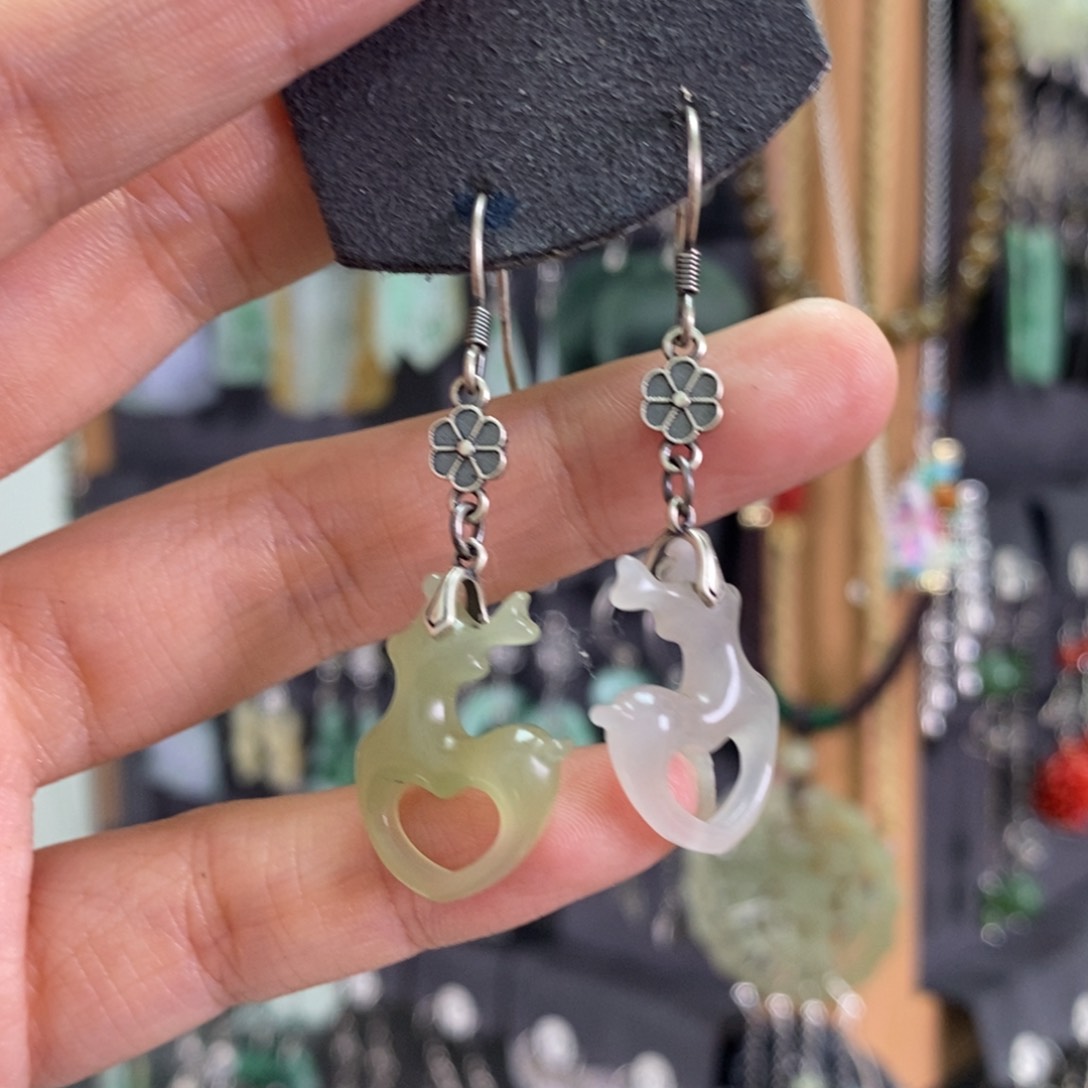 和田玉耳饰银S925镶嵌