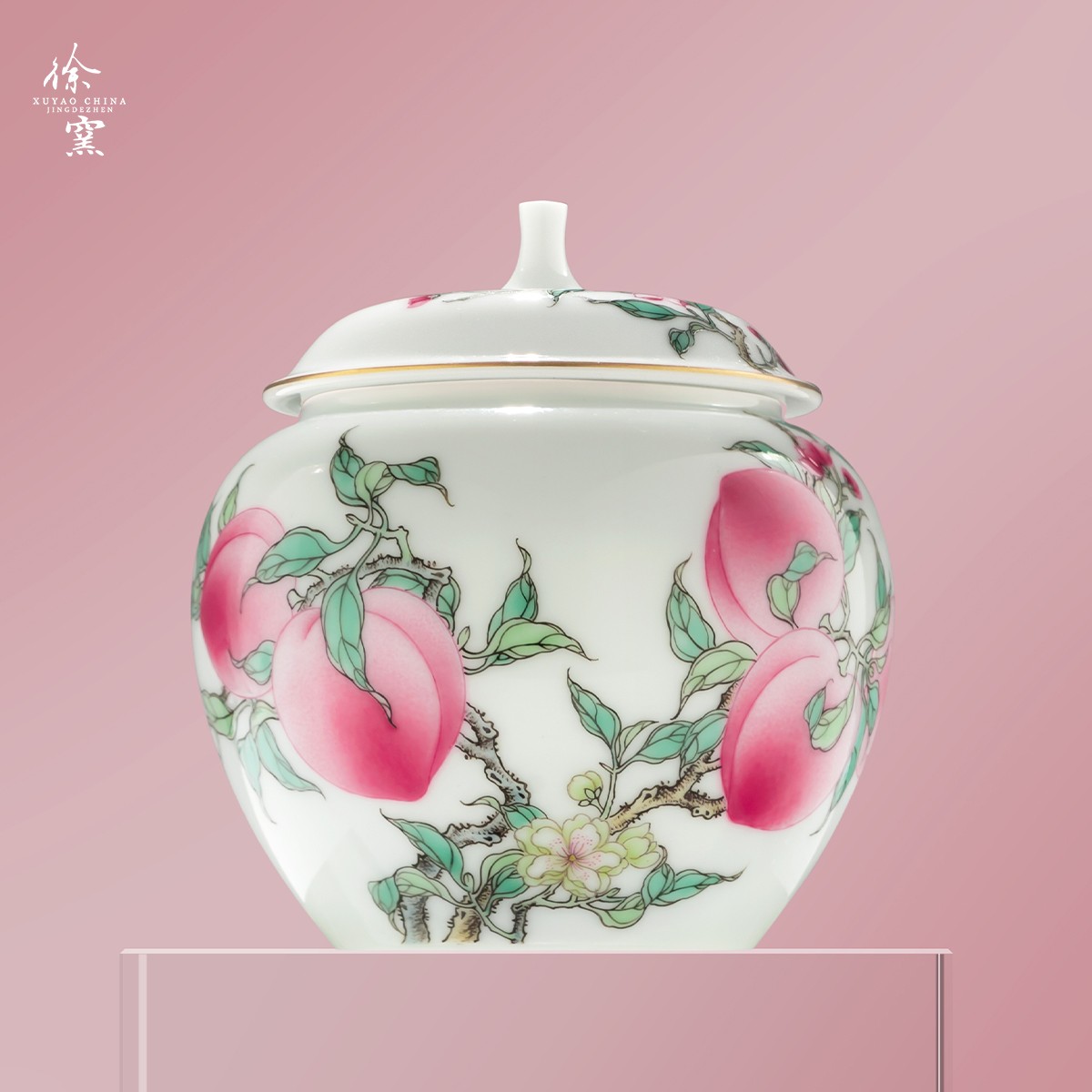 徐窑 六桃苹果茶叶罐 景德镇手绘粉彩描金