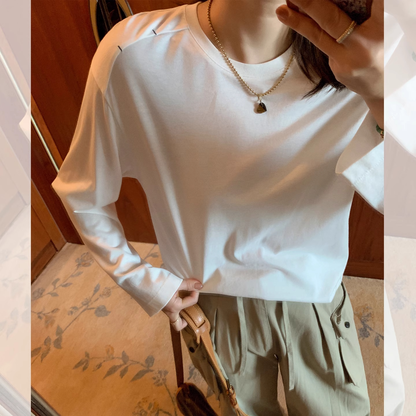 莉贝琳sisy白色T恤160g简约通勤打底宽松长袖上衣女S25208TS01