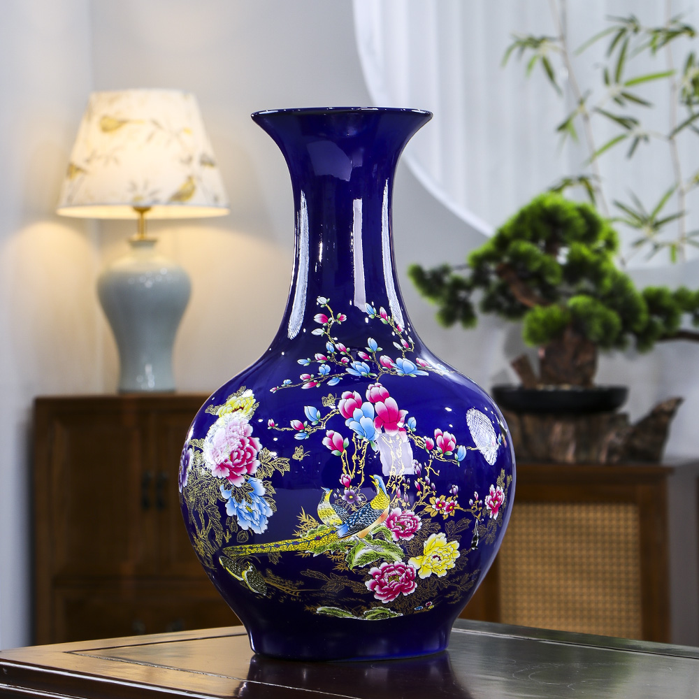 景德镇陶瓷器蓝色花瓶中式家居办公室装饰品摆件100件景泰蓝