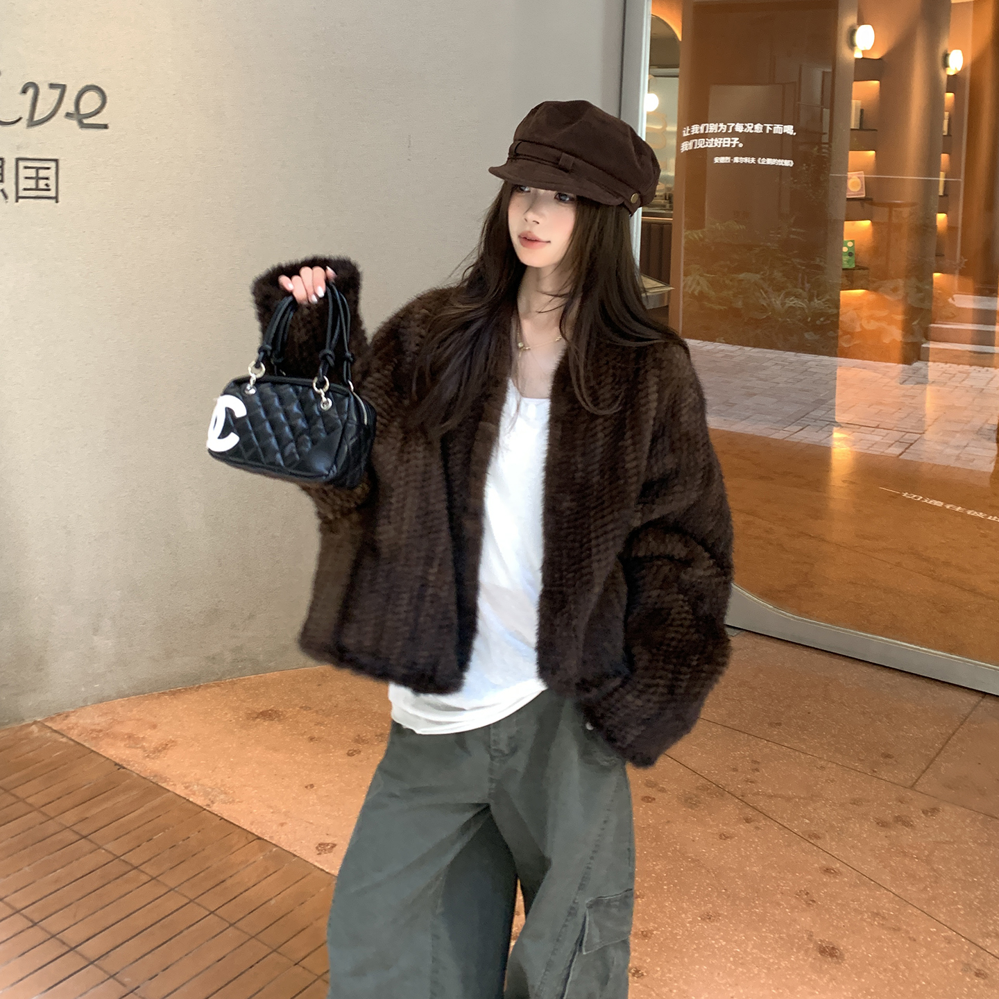 进口水貂毛麦穗编织皮草外套女中长款2025冬季年轻款炸街简约气质