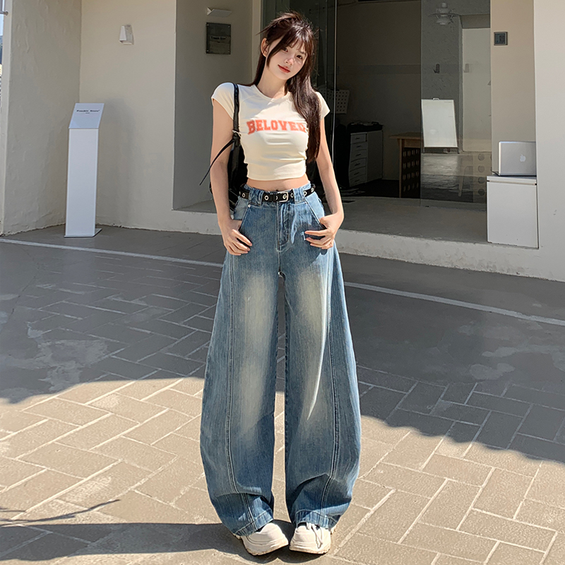 美式复古高腰直筒阔腿弯刀牛仔裤女2025春装新款宽松马蹄拖地长裤