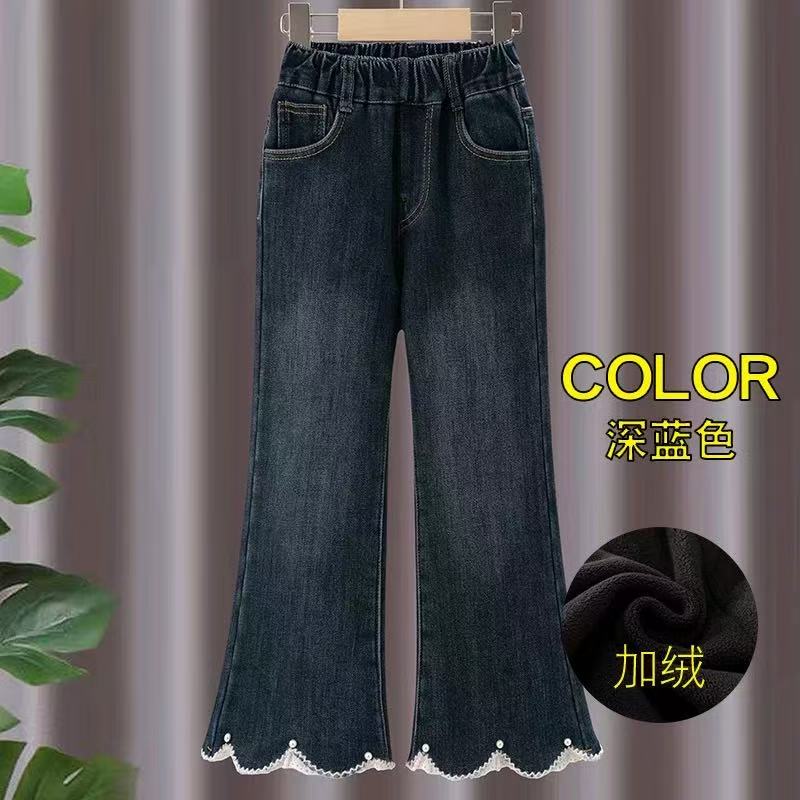 25年新童秋冬微喇韩版修身女童一体加绒加厚花边珠子弹力牛仔裤