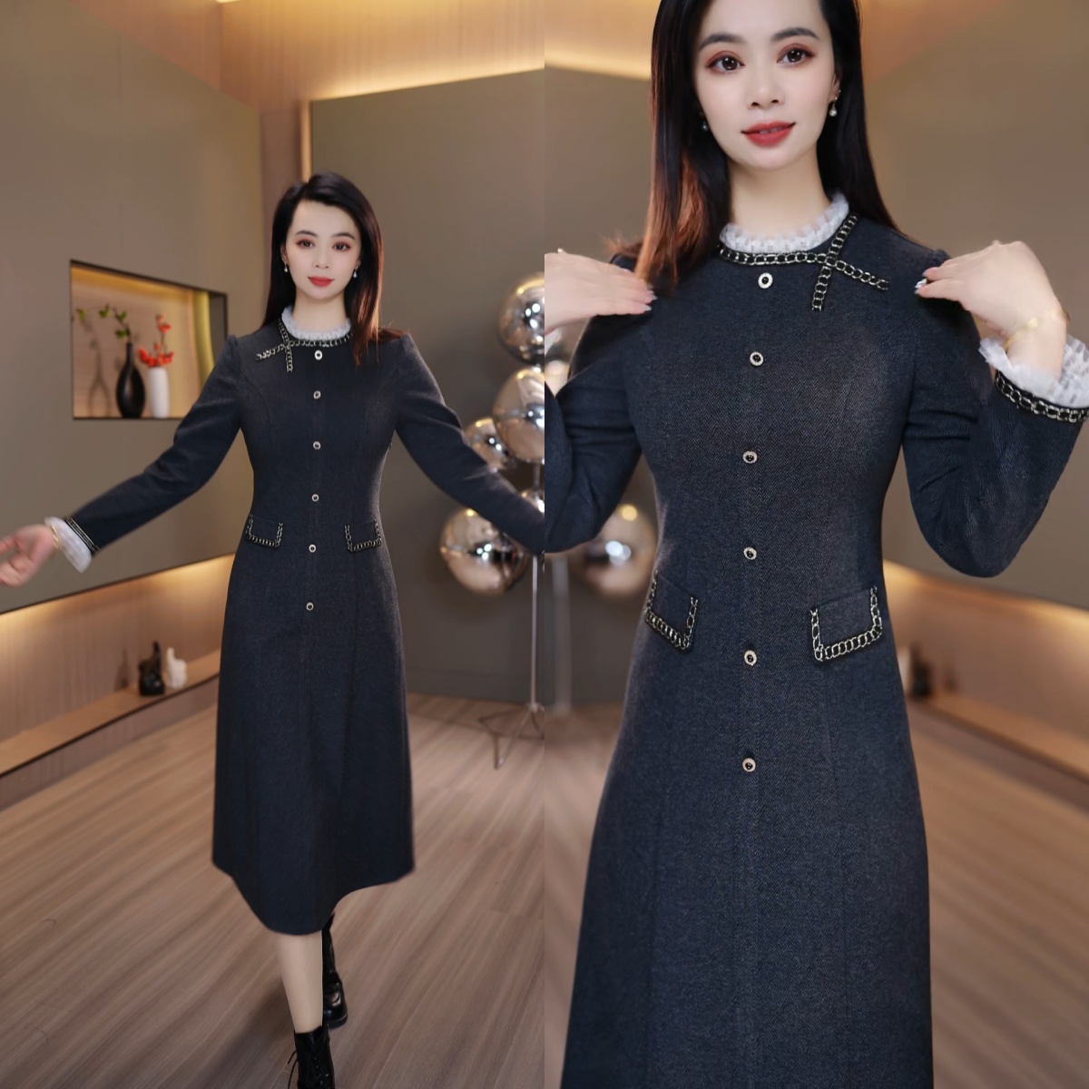 J上新冬季新款连衣裙加厚小香风打底裙八片立体裁剪撞色花边设计