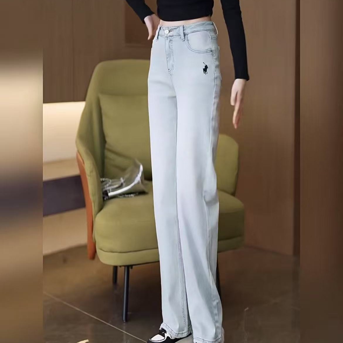 8106高档浅色刺绣牛仔裤夏2025年新款高腰宽松阔腿裤垂感窄版直筒