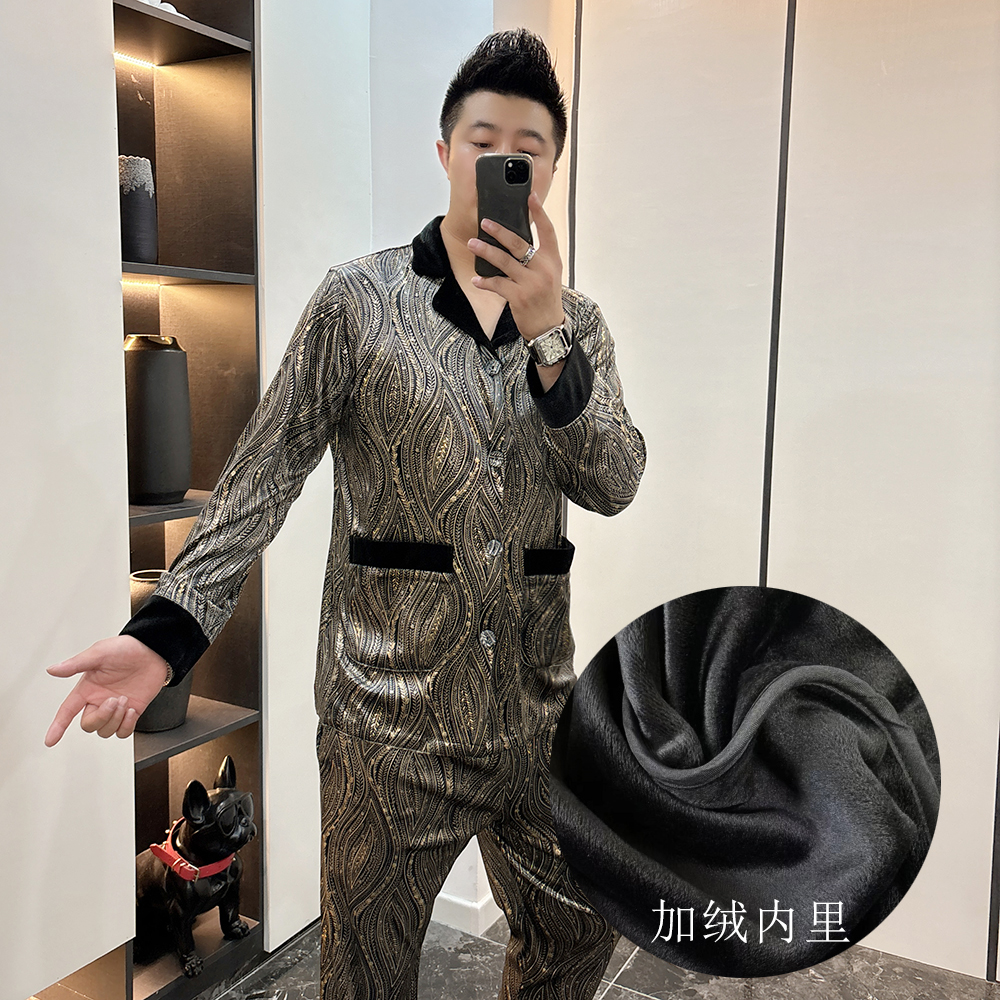 高级印花品质男士加绒金丝绒睡衣套装流苏大码宽松外穿条纹家居服