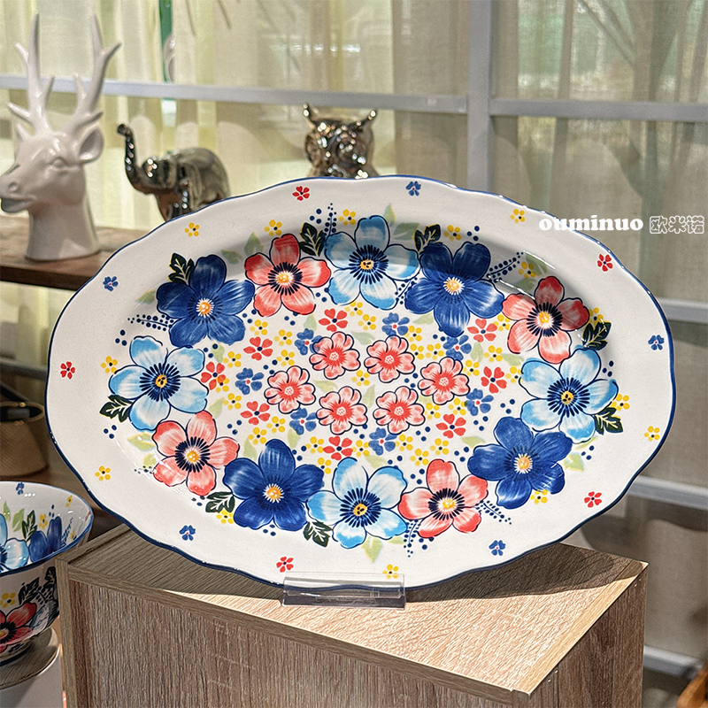 【盛夏时光】12英寸荷边鱼盘1个装高颜值釉下彩家用陶瓷盘子