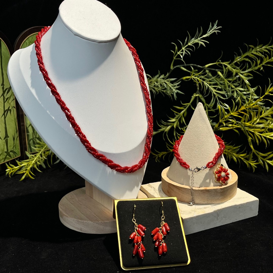 天然沙丁珊瑚项链吊坠套装-T231001