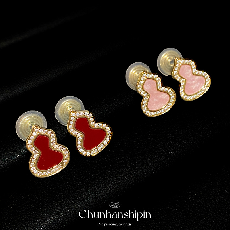 铜合金莫桑石耳饰 无耳洞安可拉红葫芦蚊香盘耳夹耳环女微镶锆石