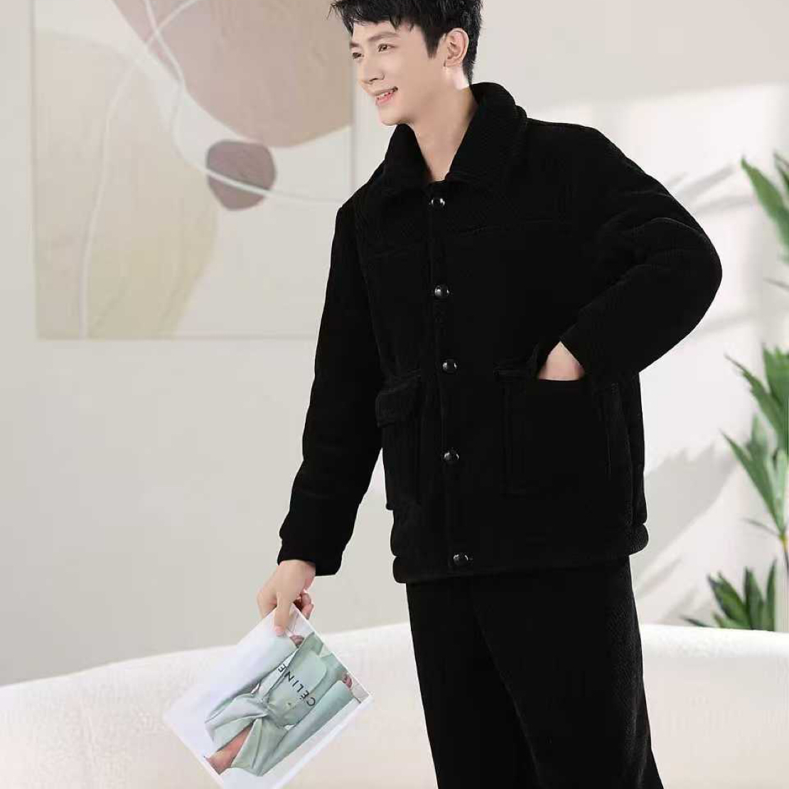 新款男士雪尼尔加厚三层外穿家居服
