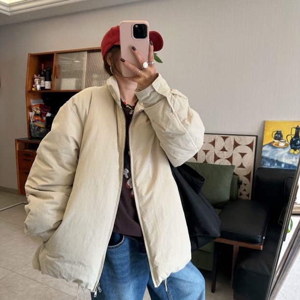 qiqi/琦琦推荐 韩版宽松简约百搭立领中长加厚保暖羽绒服外套