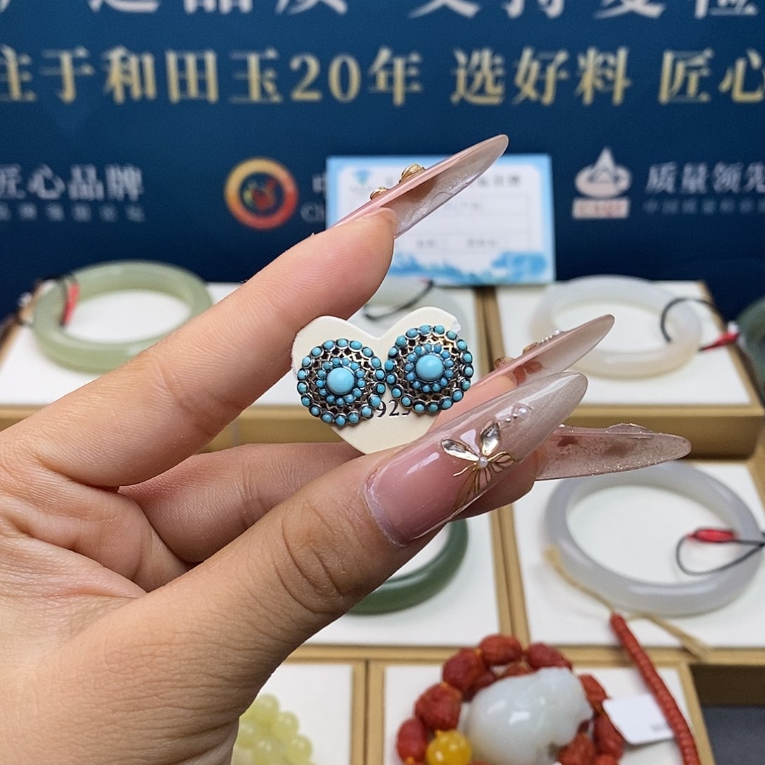 银S925镶嵌绿松石耳饰sj