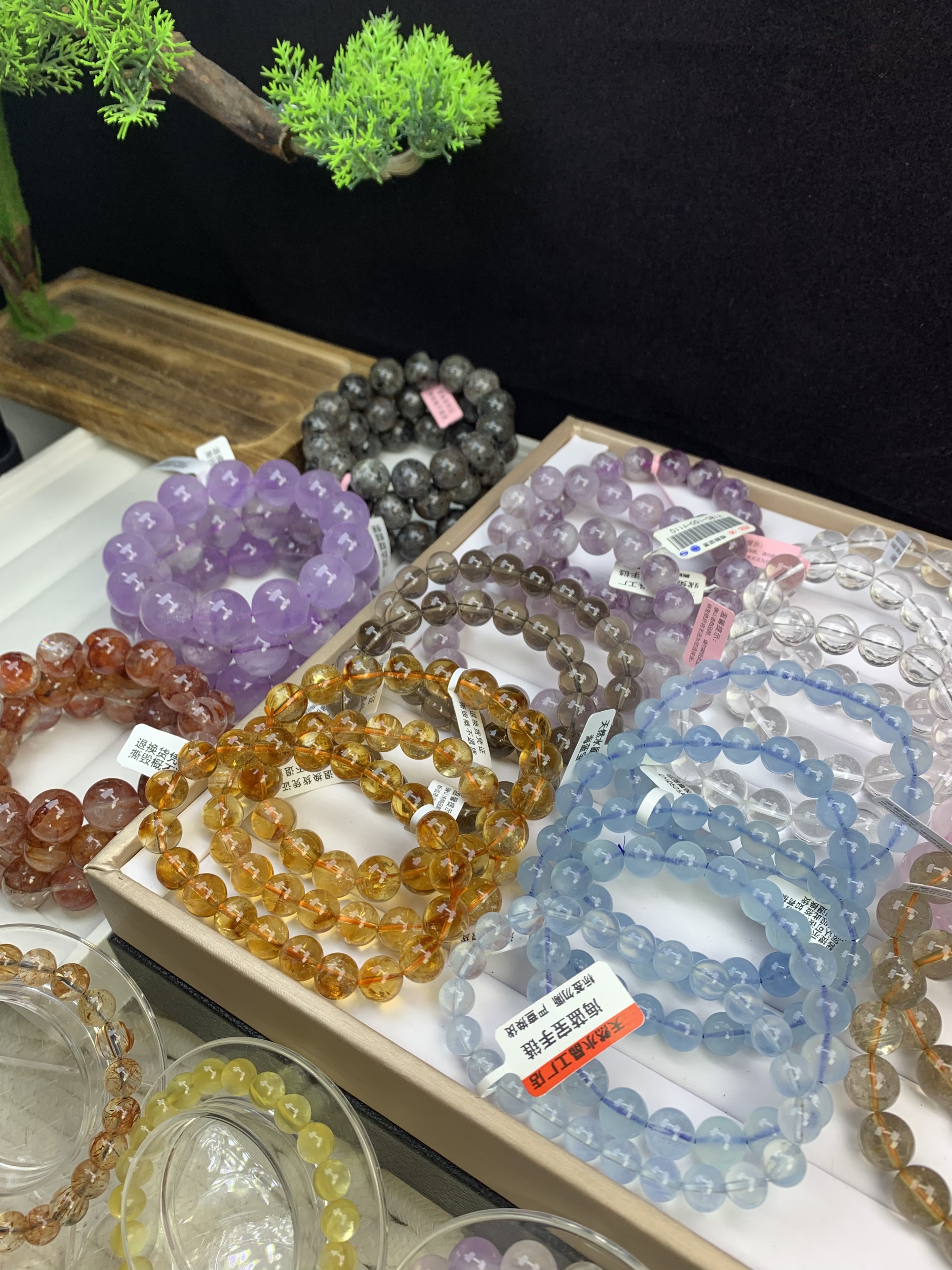海蓝宝 草莓晶 粉晶 白水晶 黄水晶天河石银镶嵌水晶宝石手串手链