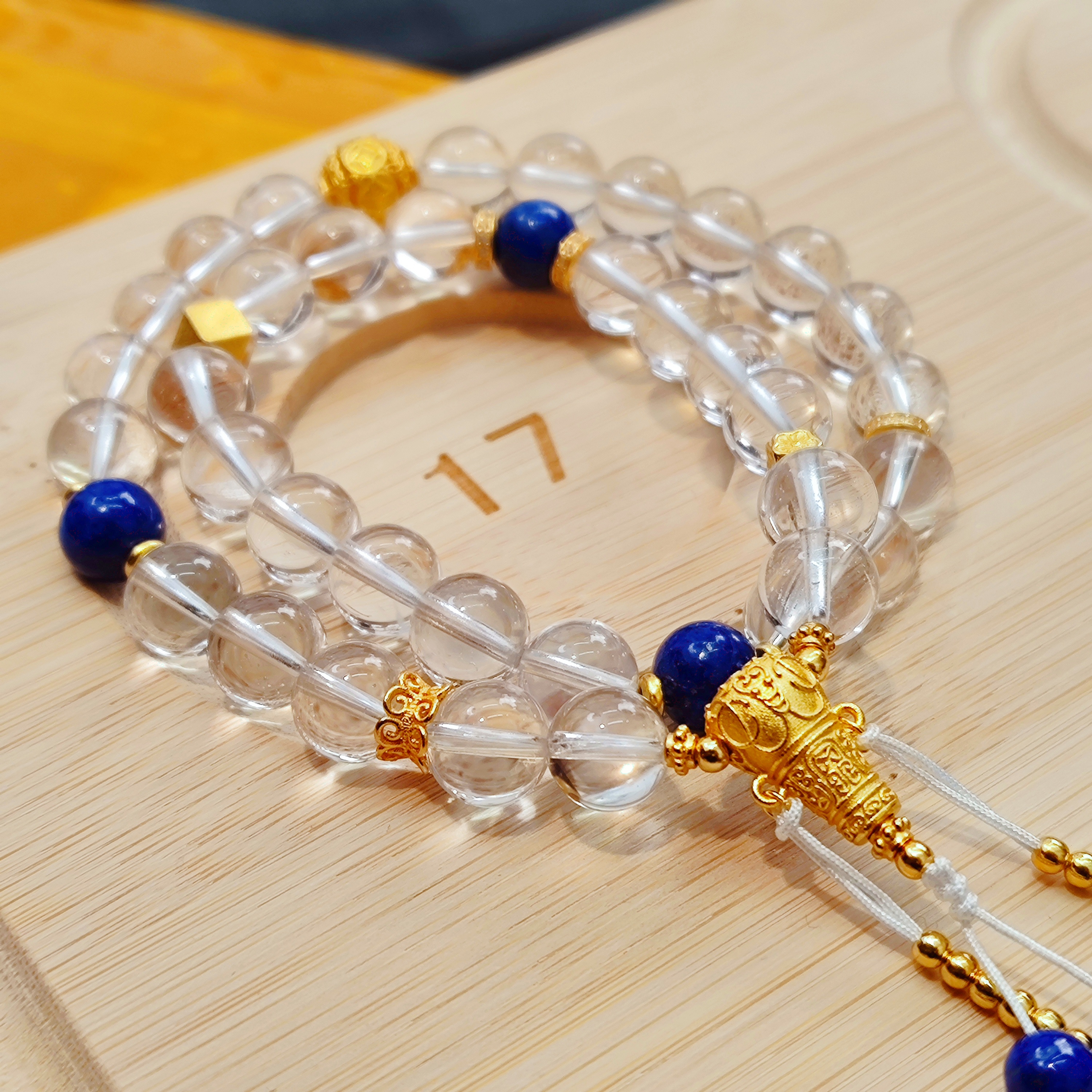 AILAND JEWELRY/爱恋珠宝纯天然白水晶三通佛珠设计款双圈手持串