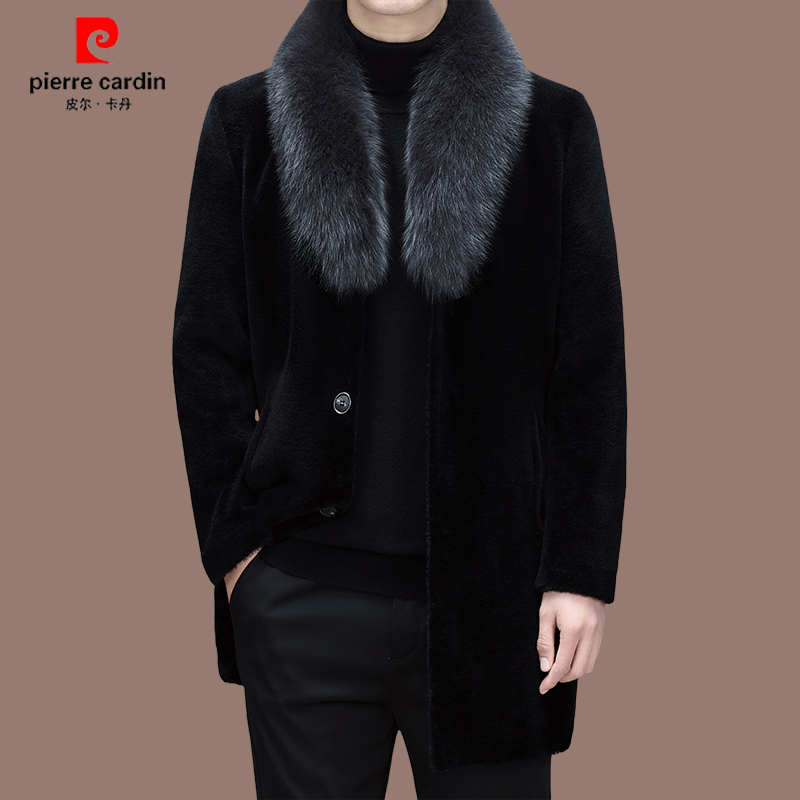 【官方正品皮尔卡丹】高档全羊毛毛呢大衣冬季狐狸毛领保暖抗寒外套