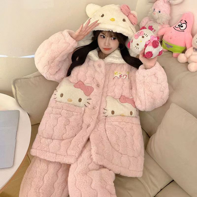 冬季法兰绒睡衣女三层夹棉加绒加厚保暖卡通连帽可外穿家居服套装