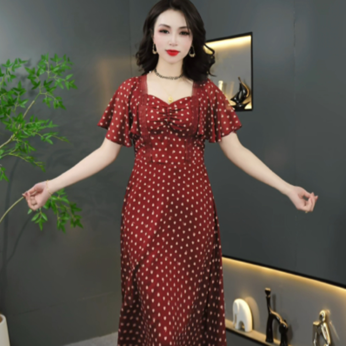 夏款波点连衣裙碎花夏季显瘦复古