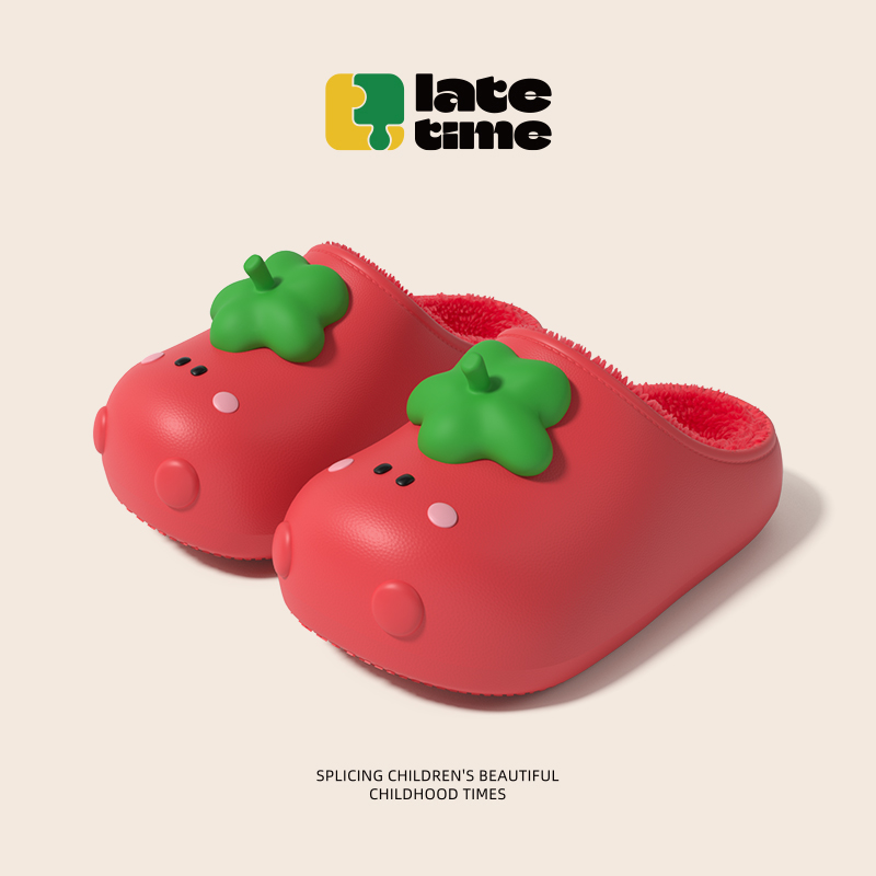 可爱西红柿儿童棉拖鞋冬男女童居家保暖防水防滑外穿毛绒亲子棉拖