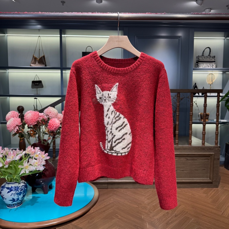 KK&MERRY复古可爱风卡通猫咪提花毛衣百搭显瘦针织衫KDKW1834