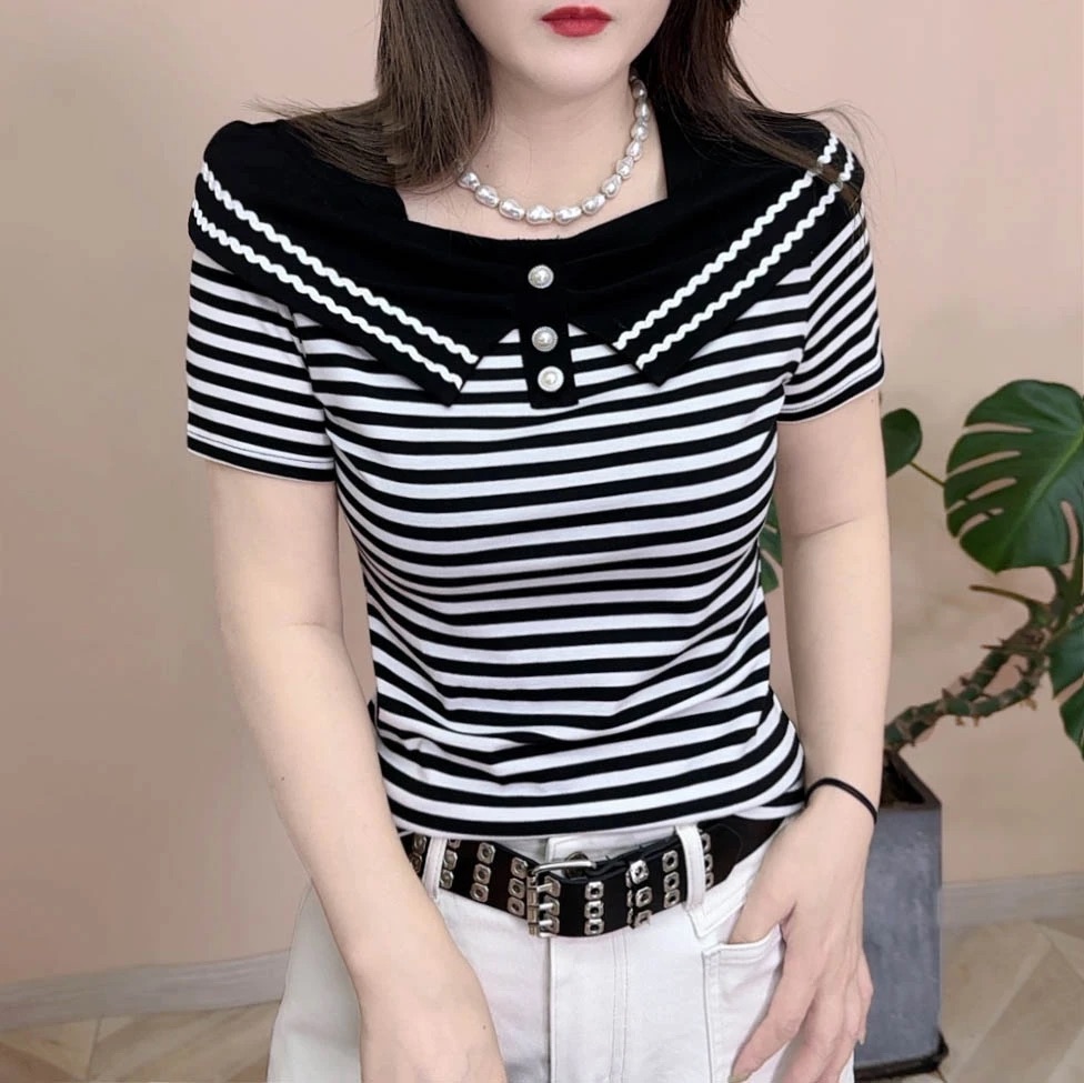 妈妈装黑色方领短袖t恤女夏季2025新款夏装时尚修身百搭休闲上衣