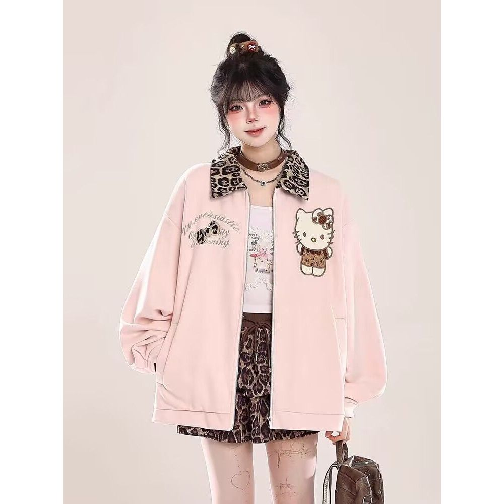 凯蒂猫拼接翻领棒球服外套女春季2025新款少女感刺绣宽松拉链夹克