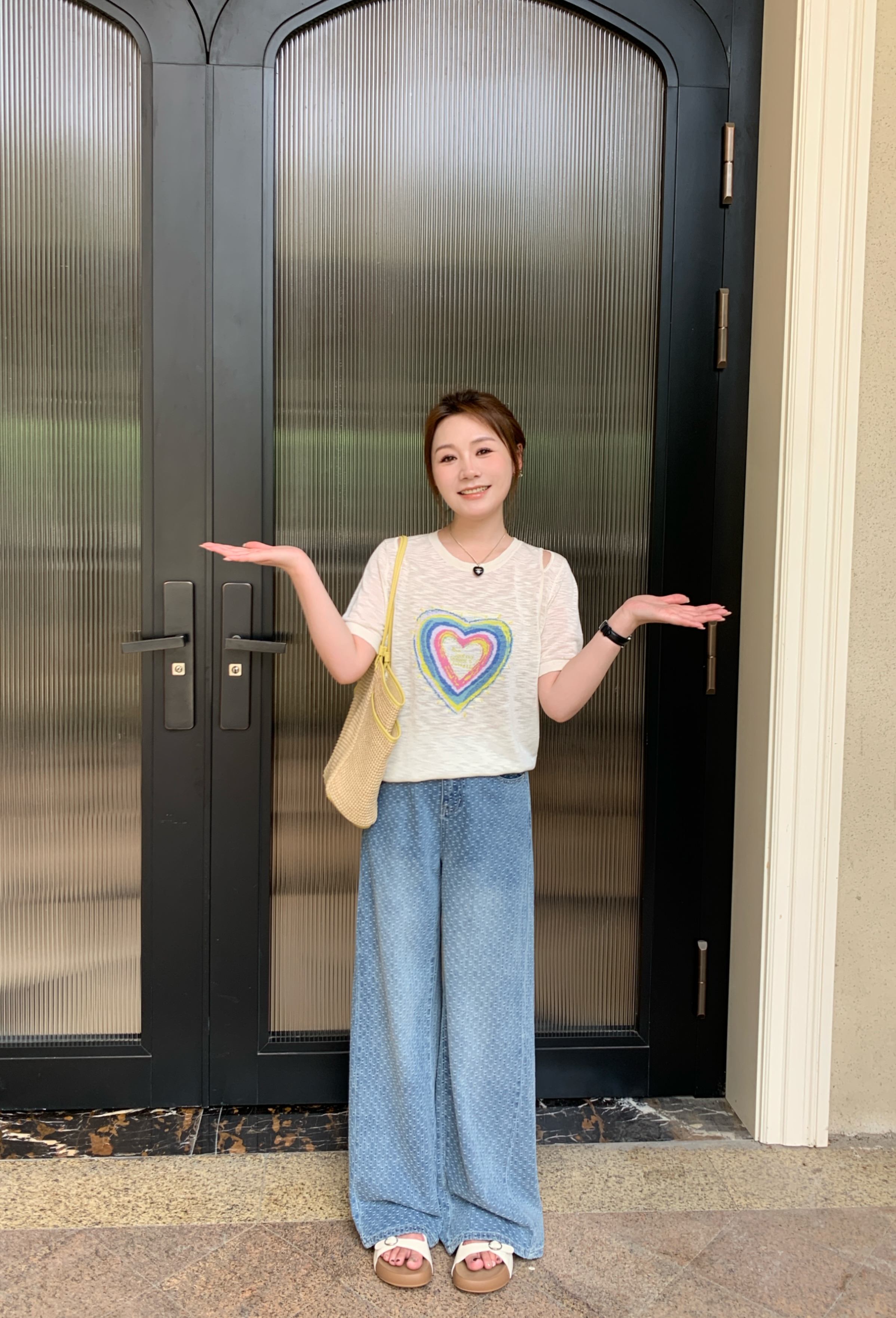 NANJIE/楠姐【彩虹桃心】竹节麻彩色爱心舒适圆领短袖上衣XNS6436