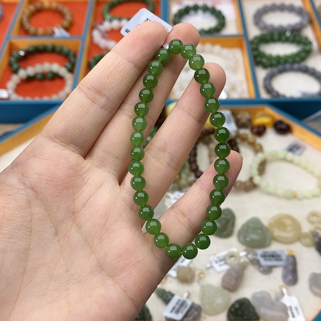 和田玉未镶嵌手链w15俄碧6mm高饱和苹果绿