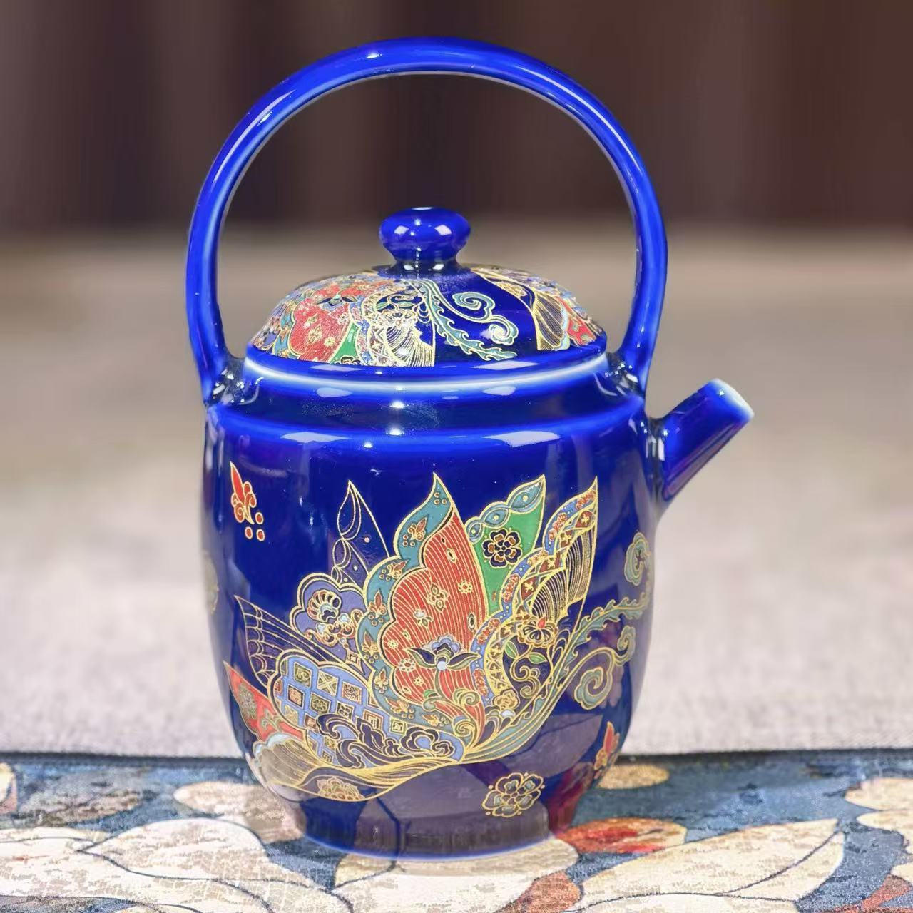 霁蓝花蝴蝶提梁壶1214