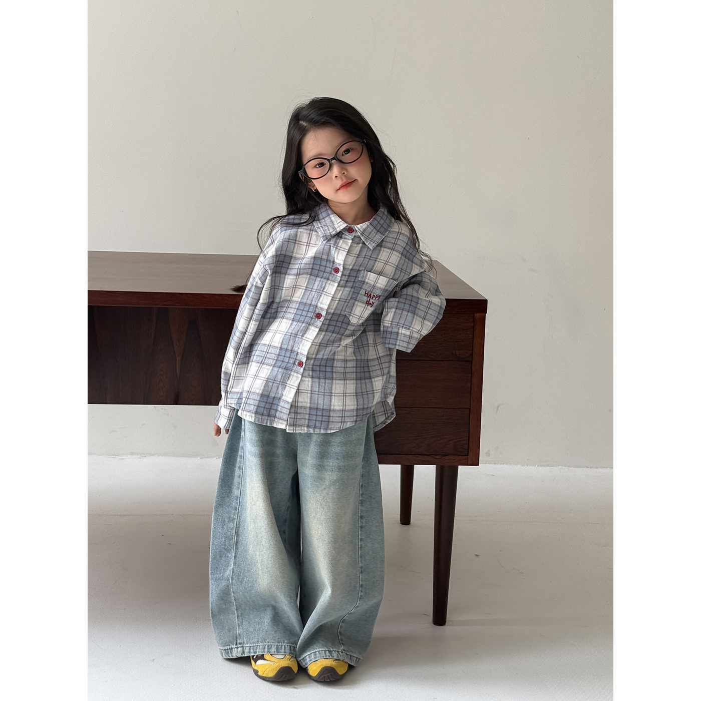 Harper kids 韩系儿童字母刺绣单排扣长袖格子衬衫 H25A290763