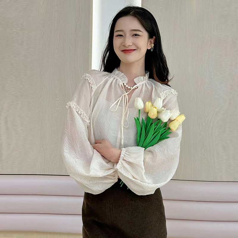 【商场同款】女装春夏时尚木耳边宽松法式印花灯笼长袖衬衫1300940
