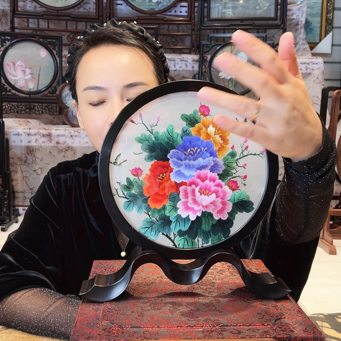 织绣苏绣摆台檀木手工双面