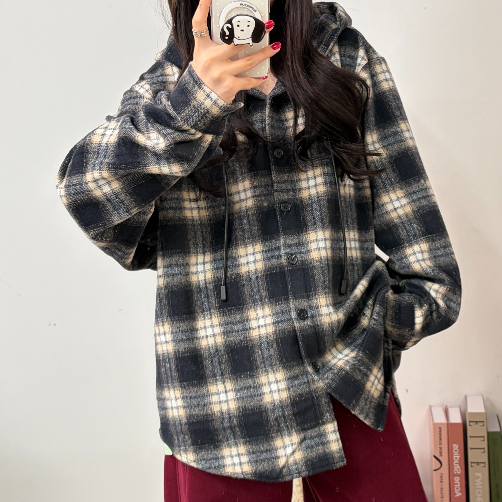 【热巴格子外套】格纹长袖厚款休闲宽松袖型时尚衬衫连帽冬季