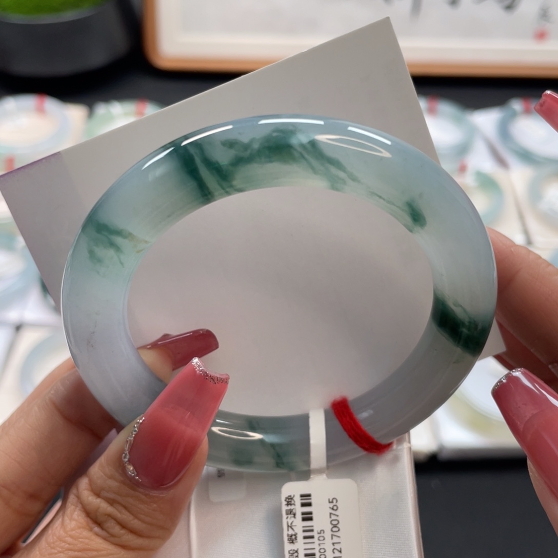 【闪购商品】翡翠手镯未镶嵌风景如画蓝底飘兰花大胖圆条55圈78号