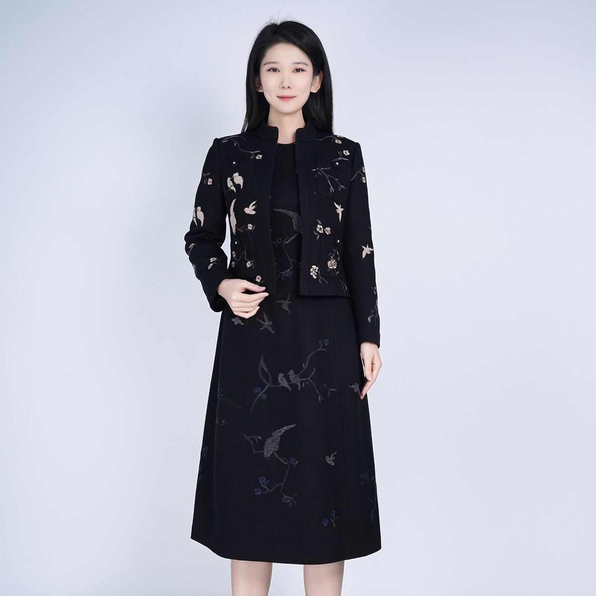 【绵羊毛】中国风黑色通勤精致女栖息岛套装HAWM051110+HAWM051111