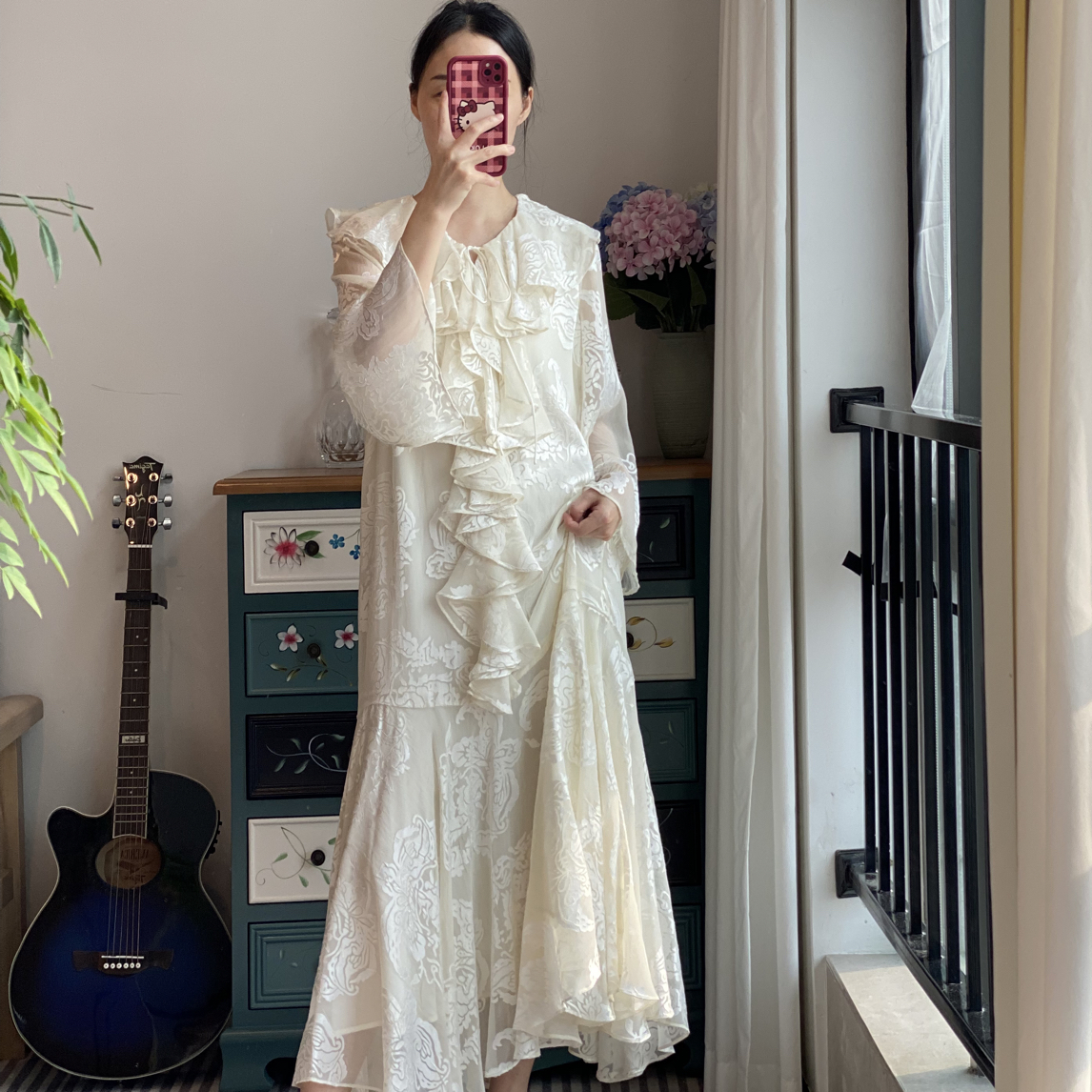 （往昔）时尚百搭碎花气质连衣裙中式长裙女装裙子中长款V领设计师