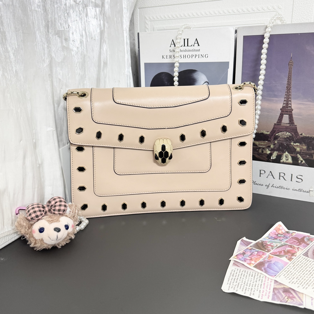 95新 BVLGARI/宝格丽 95新豆沙色钻蛇头斜挎包