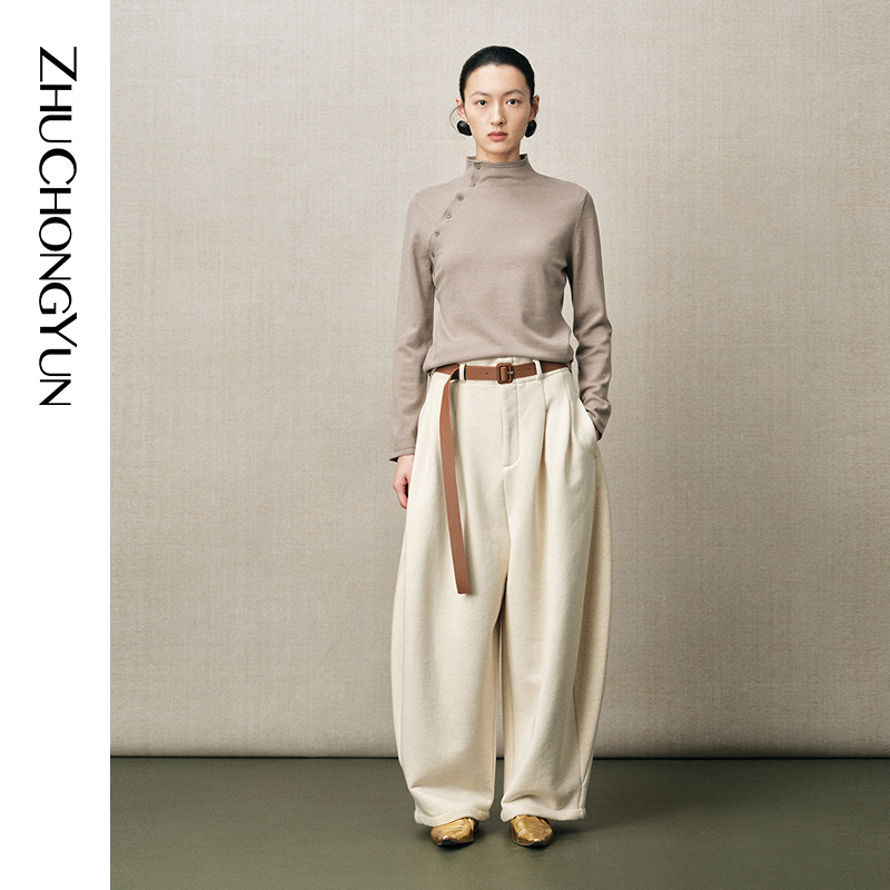 ZHUCHONGYUN2024秋新款斜门襟上衣修身版型针织衫C1EG3743M