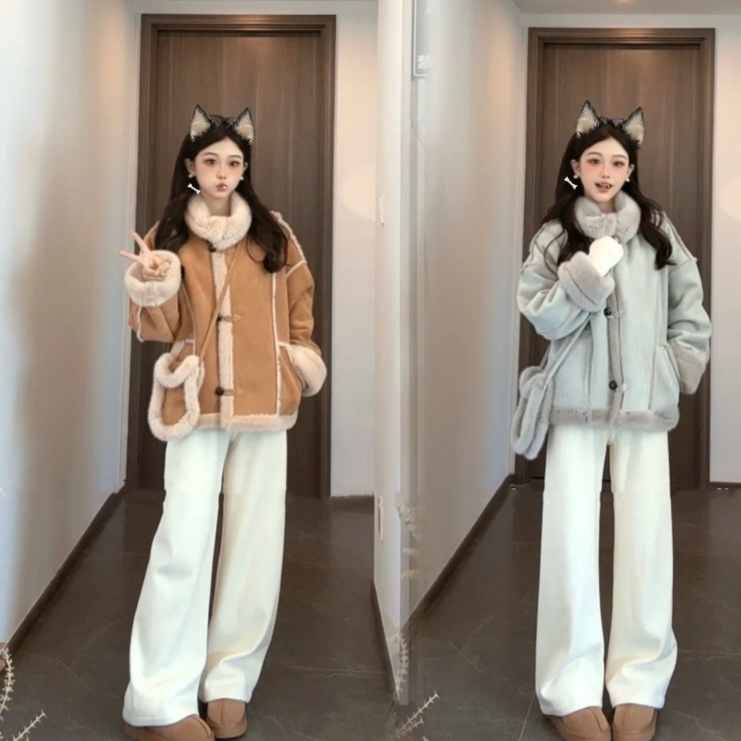 韩版毛毛宽松时尚短款皮毛一体短外套高级感显瘦时尚