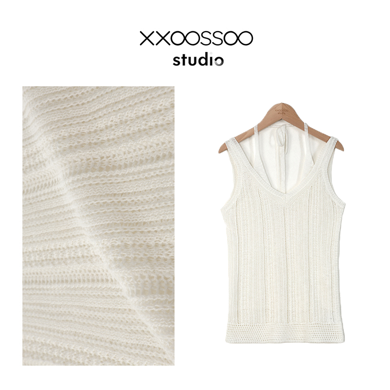 xxoossoo 镂空针织上衣假两件高级感挂脖绑带吊带背心