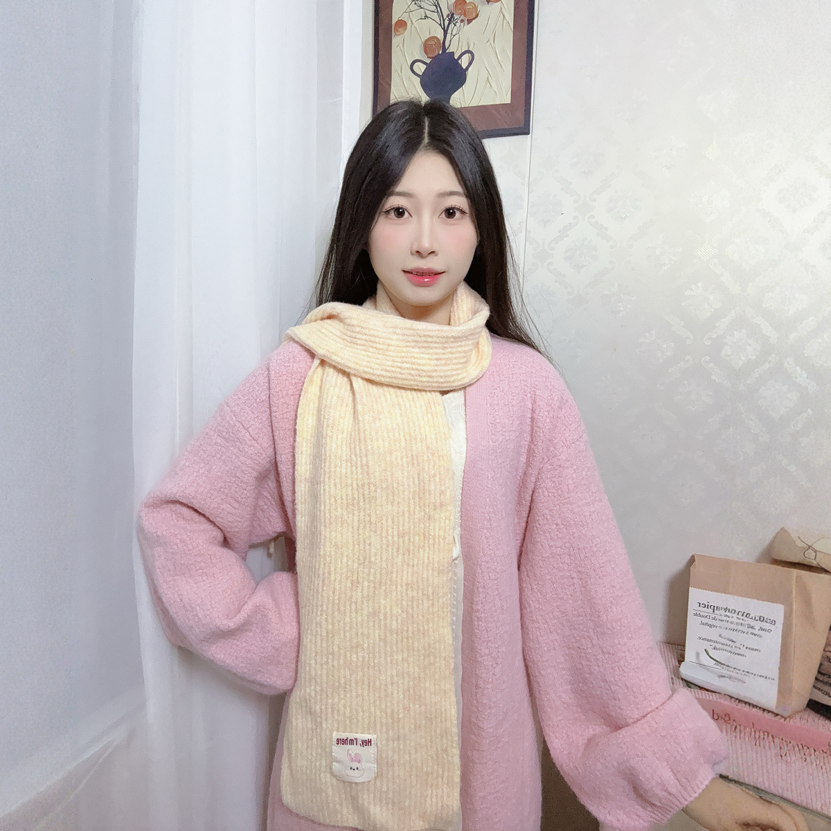 卡通兔子韩版加绒加厚围巾女2025新款秋冬针织毛绒护颈围脖氛围感