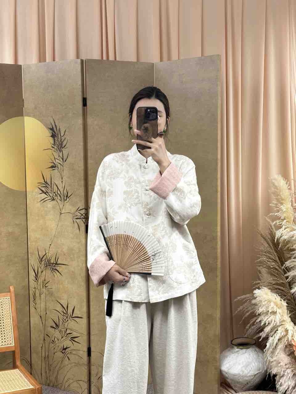 【墨隐·麻色入画】设计师款亚麻提花盘扣双色袖双层外套