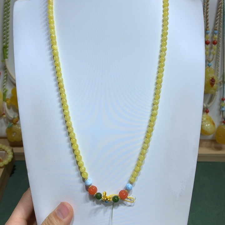 蜜蜡颈饰银S925镀金镶嵌万能链